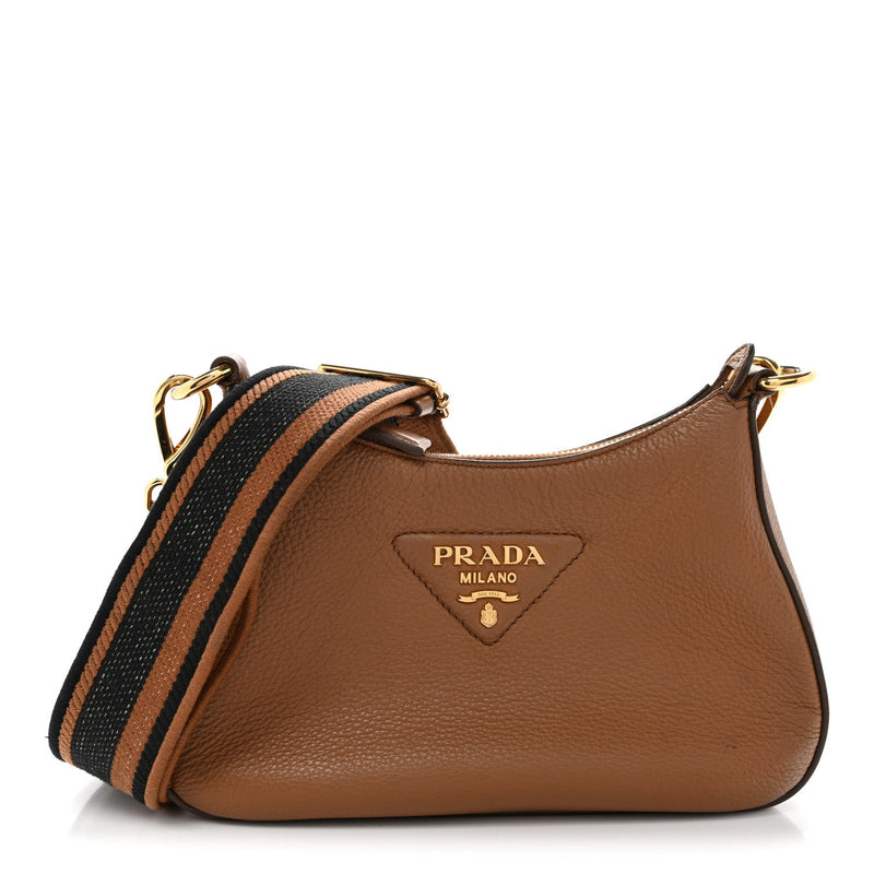 Vitello Daino Soft Zippered Hobo Shoulder Bag Caramel