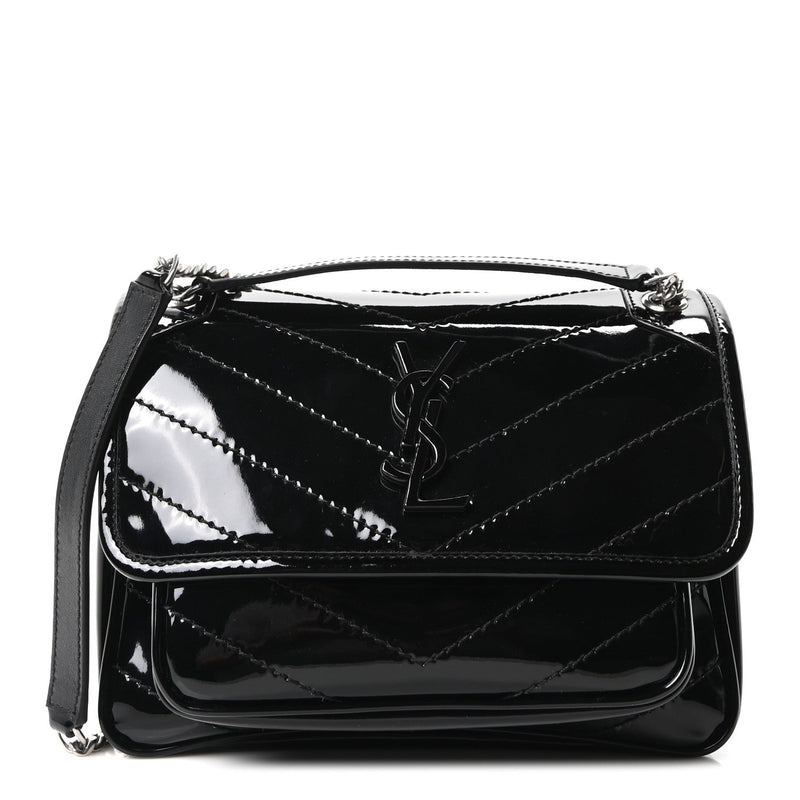 Patent Calfskin Matelasse Monogram Baby Niki Chain Satchel Black