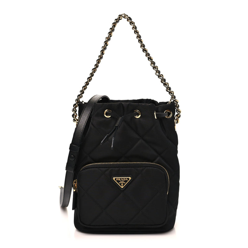 Re-Nylon Saffiano Stitched Duet Bucket Bag Black