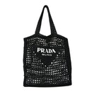 Yarn Raffia Effect Crochet Logo Embroidered Tote Bag Black