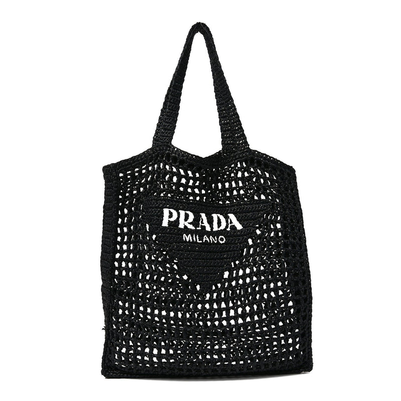 Yarn Raffia Effect Crochet Logo Embroidered Tote Bag Black