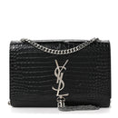 Calfskin Crocodile Embossed Small Classic Monogram Kate Tassel Satchel Black
