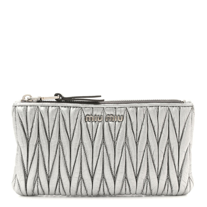Metallic Nappa Matelasse Quilted Zip Wallet Silver
