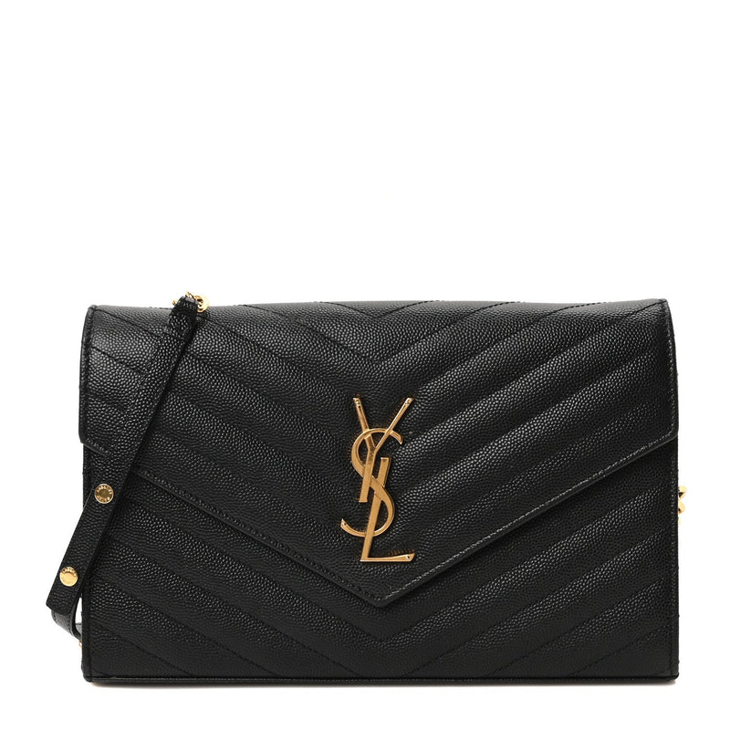 Grain De Poudre Matelasse Chevron Monogram Envelope Chain Wallet Black