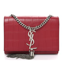 Calfskin Crocodile Embossed Small Classic Monogram Kate Tassel Satchel Red