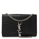 Calfskin Crocodile Embossed Medium Classic Monogram Kate Tassel Satchel Black