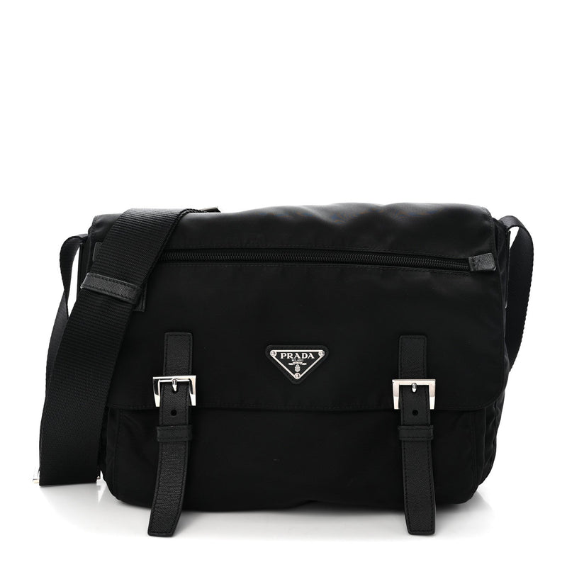 Tessuto Nylon Saffiano Double Buckle Messenger Shoulder Bag Black