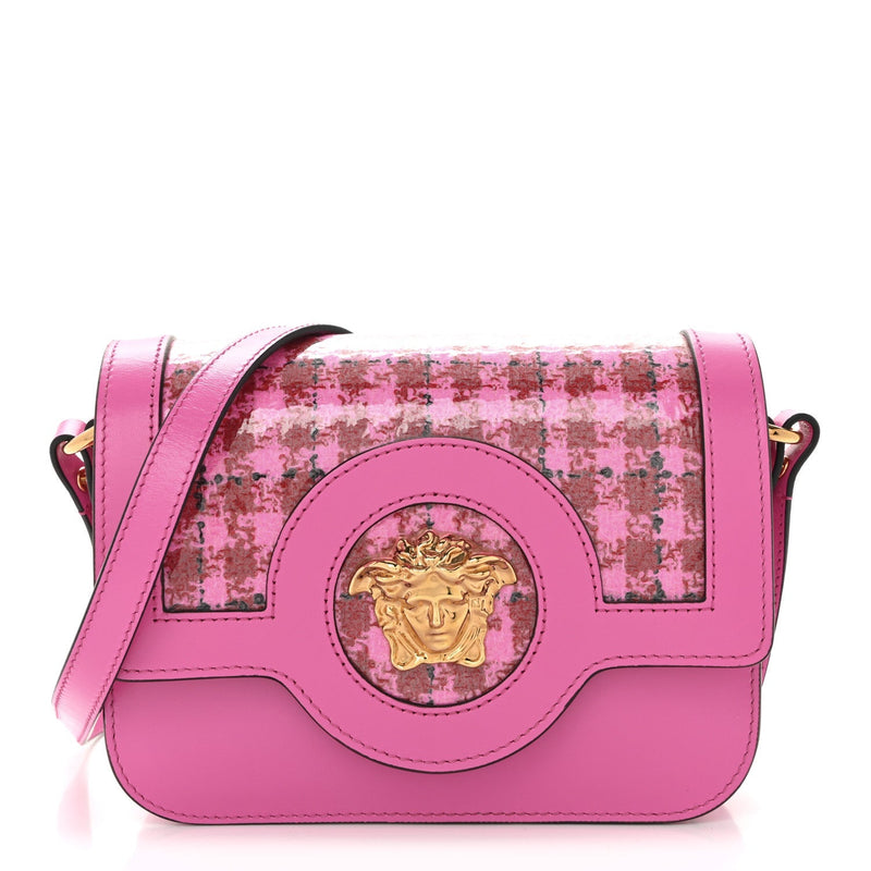 Calfskin Vinyl Small Houndstooth La Medusa Crossbody Bag  Red Fuchsia