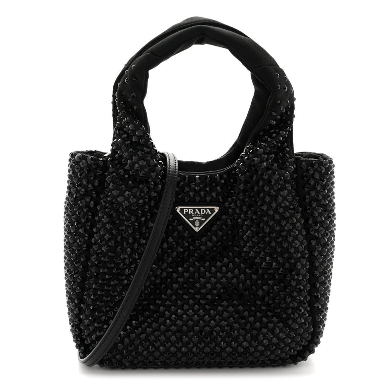 Satin Crystal Soft Padded Small Double Handled Shoulder Bag Black