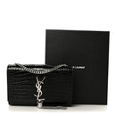 Calfskin Crocodile Embossed Small Classic Monogram Kate Tassel Satchel Black