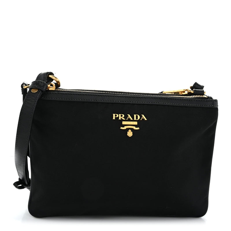 Tessuto Nylon Soft Calf Double Zip Crossbody Bag Black
