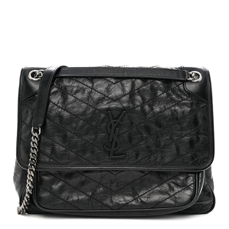 Crinkled Calfskin Matelasse Monogram Large Niki Chain Satchel Black