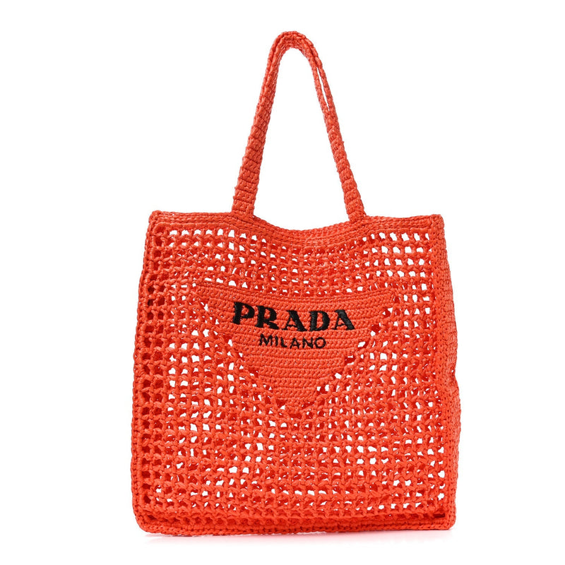 Yarn Raffia Effect Crochet Logo Embroidered Tote Bag Arancio