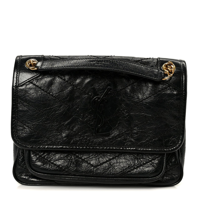 Crinkled Calfskin Matelasse Monogram Baby Niki Chain Satchel Black