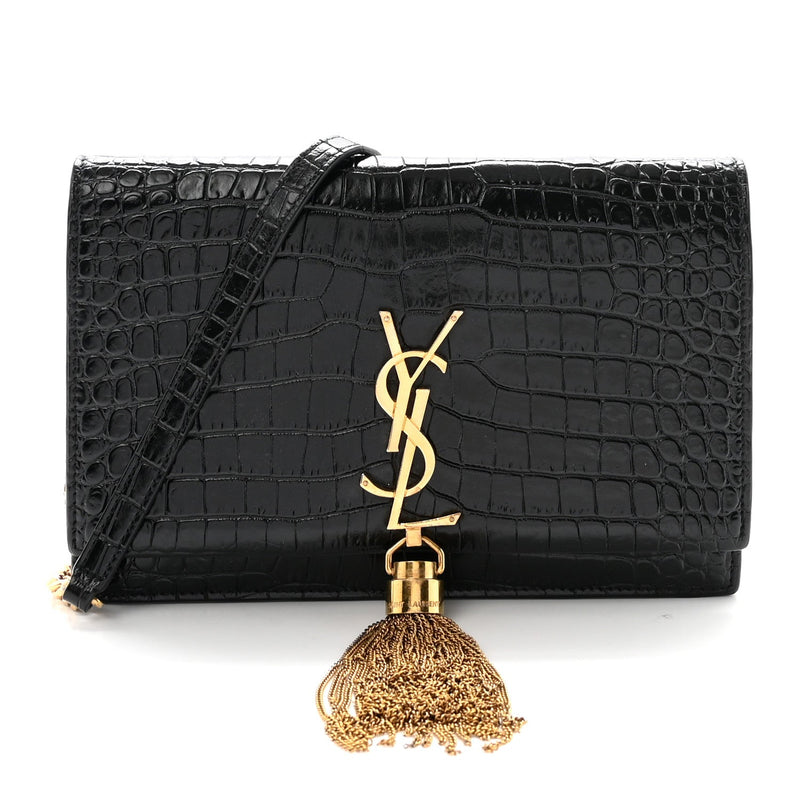 Calfskin Crocodile Embossed Kate Monogram Tassel Chain Wallet Black