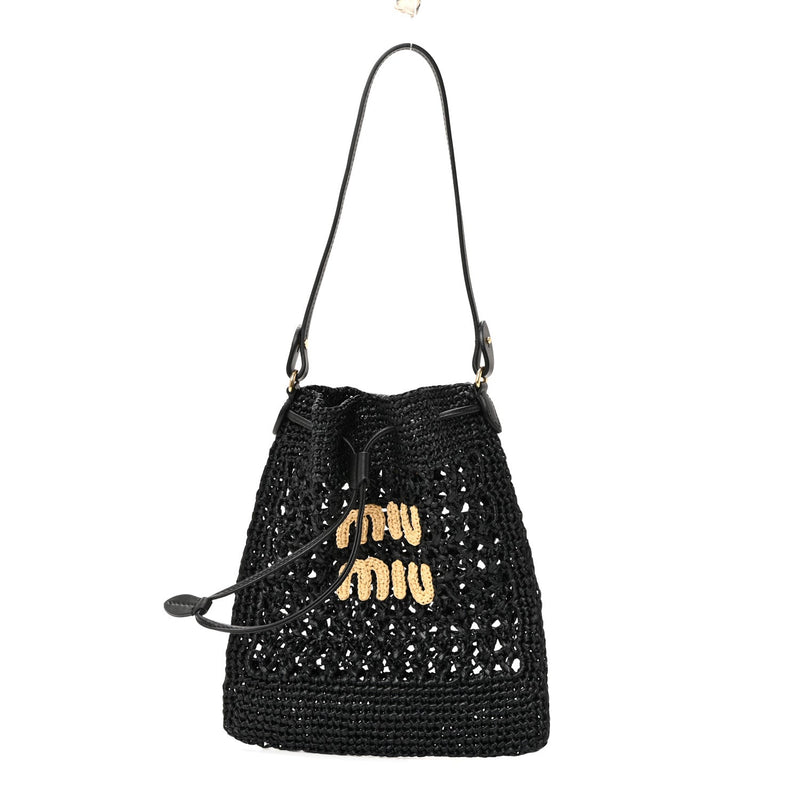 Raffia Crochet Drawstring Pouch Black Naturale