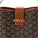 Coated Canvas Calfskin La Greca Signature Shoulder Bag Black Caramel
