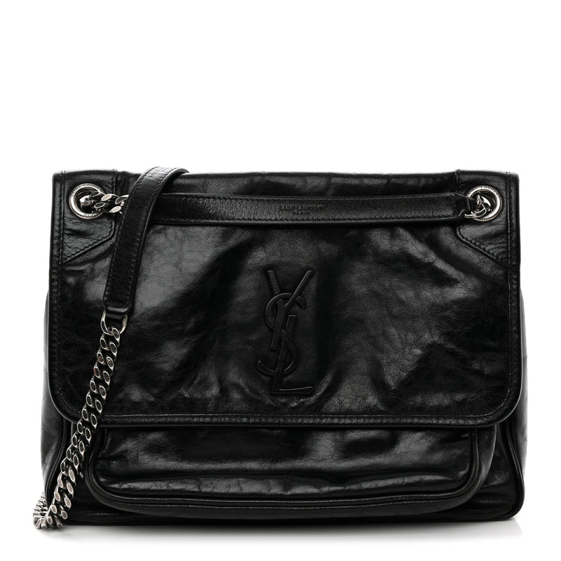 Crinkled Calfskin Monogram Medium Niki Chain Satchel Black