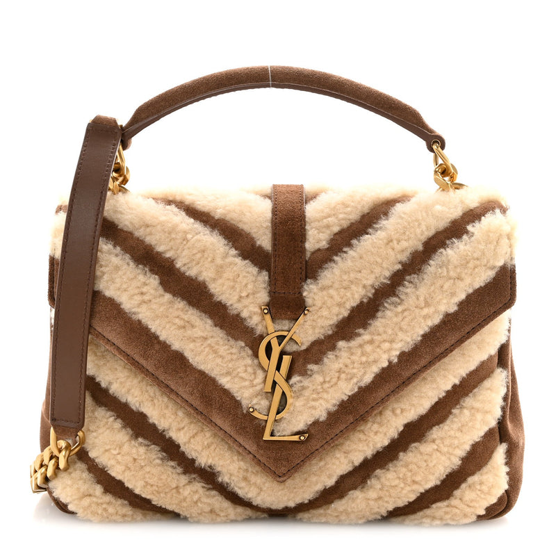 Nubuck Shearling Chevron Monogram Medium College Bag Dark Cigar Natural Beige